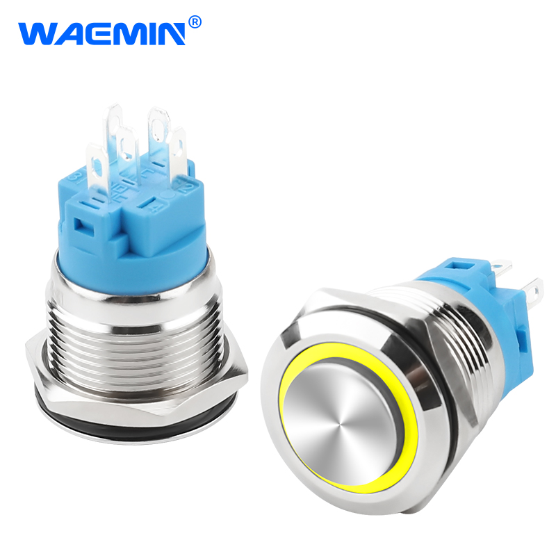 19mm Switches Led Ring Illuminated 5 Pins Momentary Latching on Off 12v High Head Pushbutton Waterproof Metal Push Button Switch