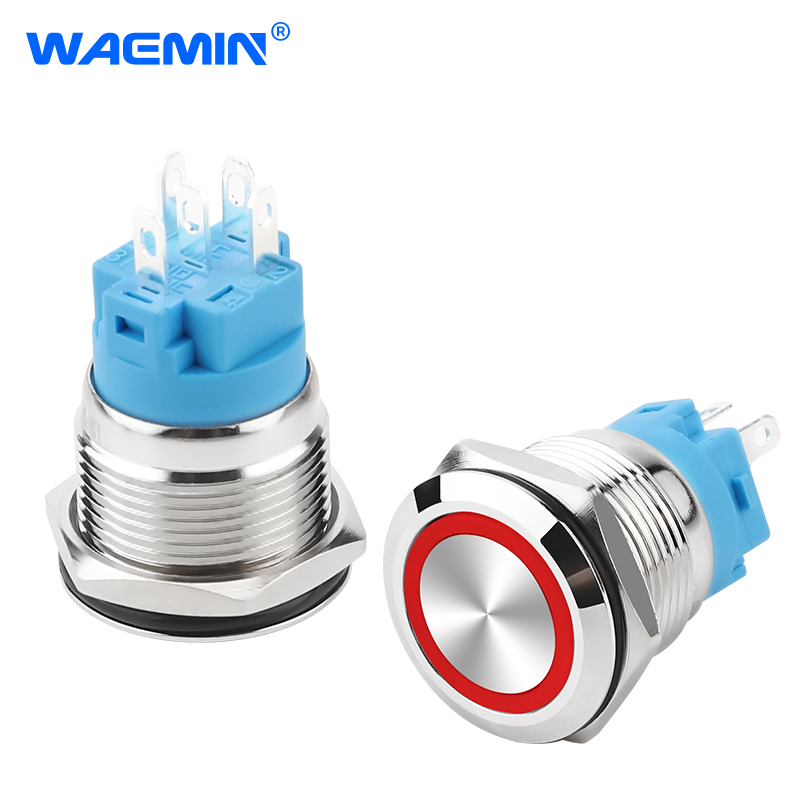19mm Waterproof Flat Head LED Instantaneous Locking Car Button Custom Electronic Metal Push Switch Max. Voltage 12V