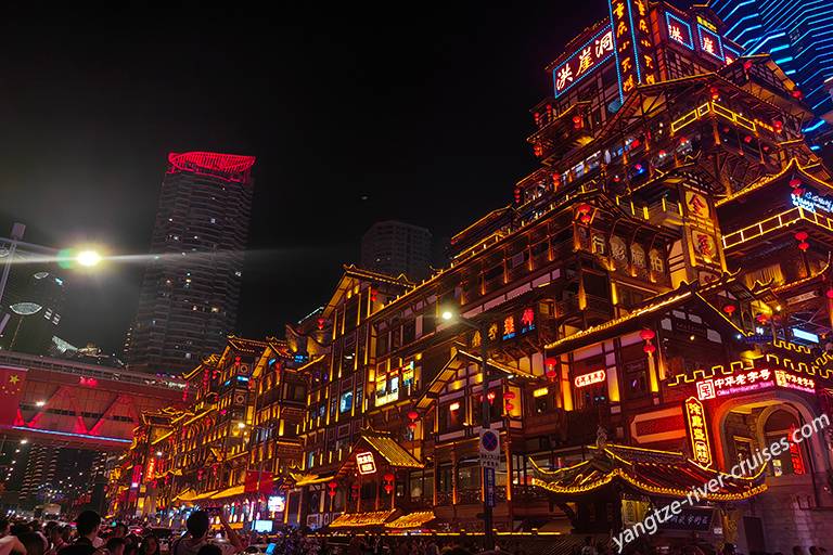 No trip to Chongqing is complete without a visit to Hongya Cave. An 11-story stilt wooden building complex, transforms into a spectacle when at night it’s illuminated by neon lights.