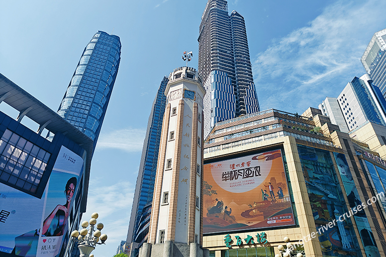 Jiefangbei Pedestrian Street is named after the People's Liberation Monument, the landmark of Chongqing to celebrate the liberation of the city from seventy years of colonial rule.