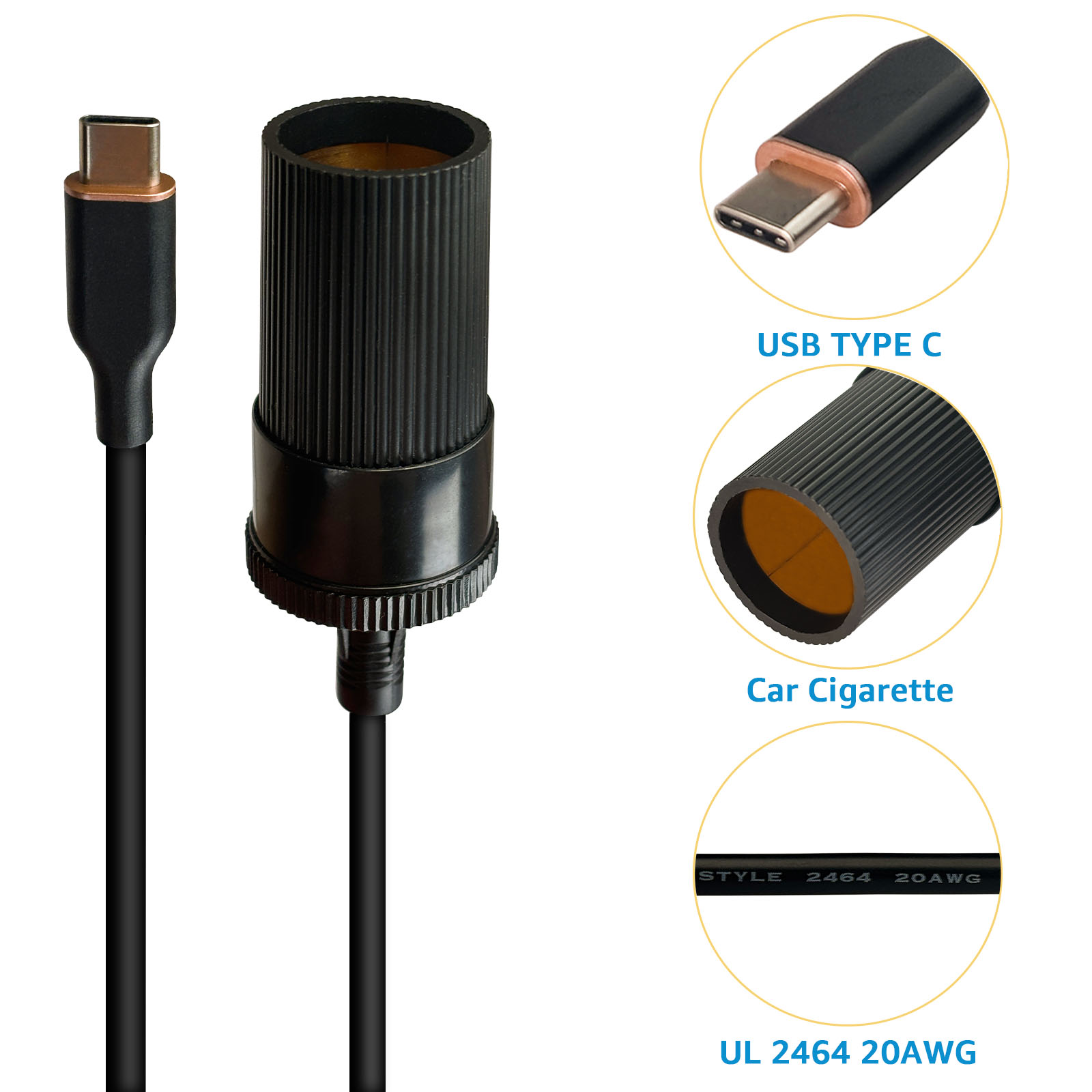 DSD TECH MagicConn SH-CP12M USB-C to 12V Cigarette Lighter Adapter for Car Recorder GPS