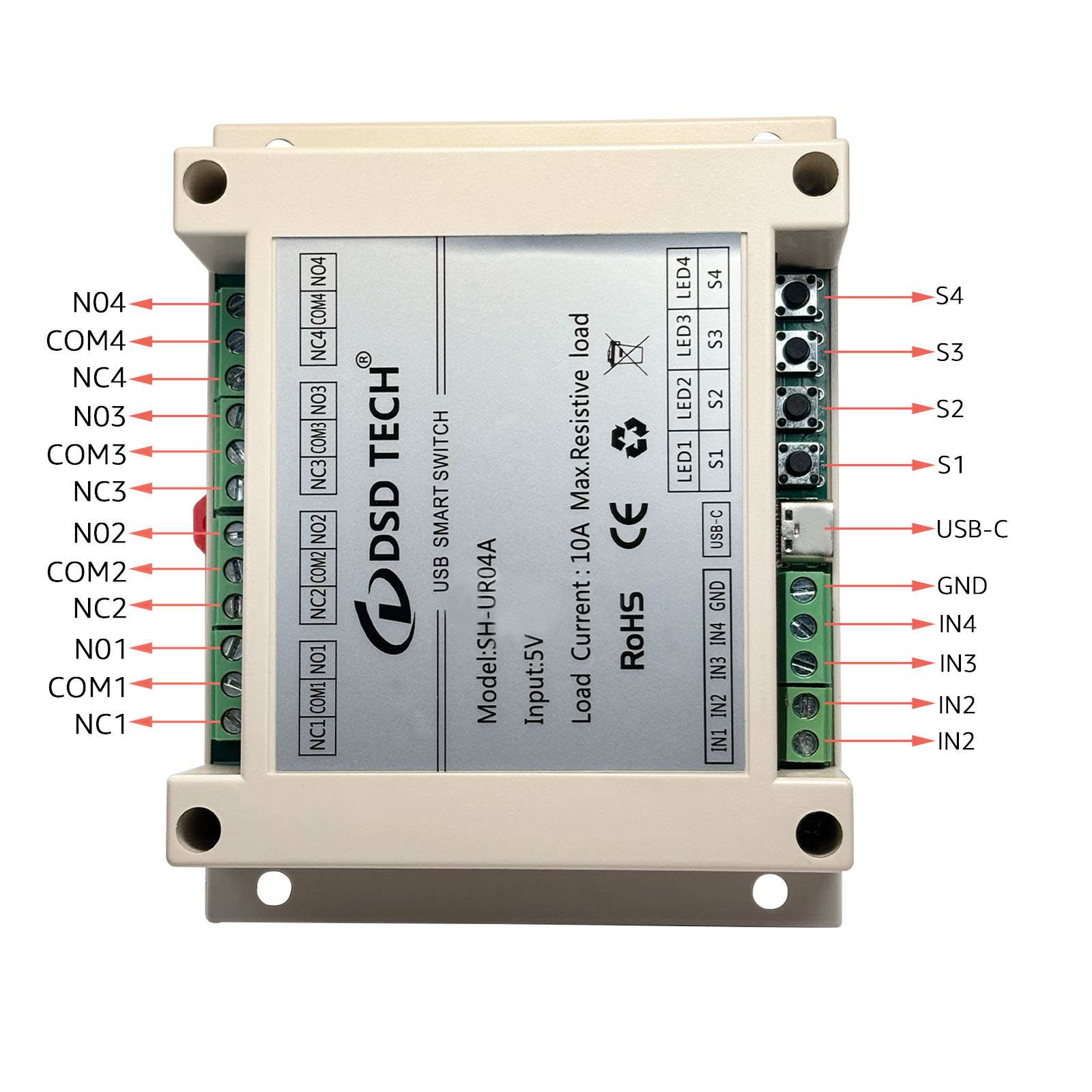 SH-UR04A 4-Channel USB Powered Relay Module for PC & Mac(4CH)