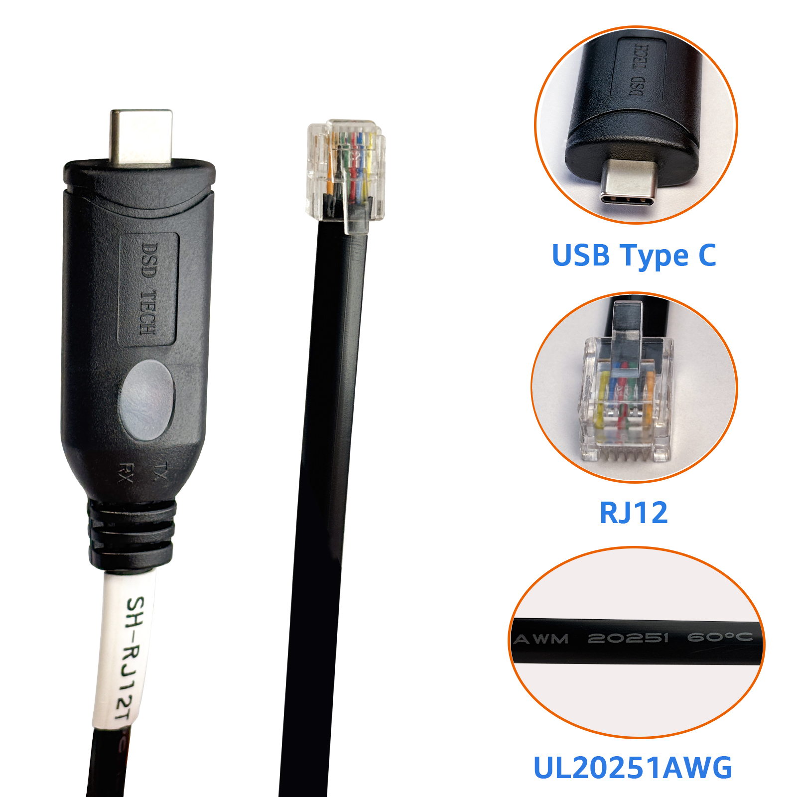 SH-RJ12T USB C to RJ12 6P4C RS232 Serial Cable(1.8M/5.9FT)