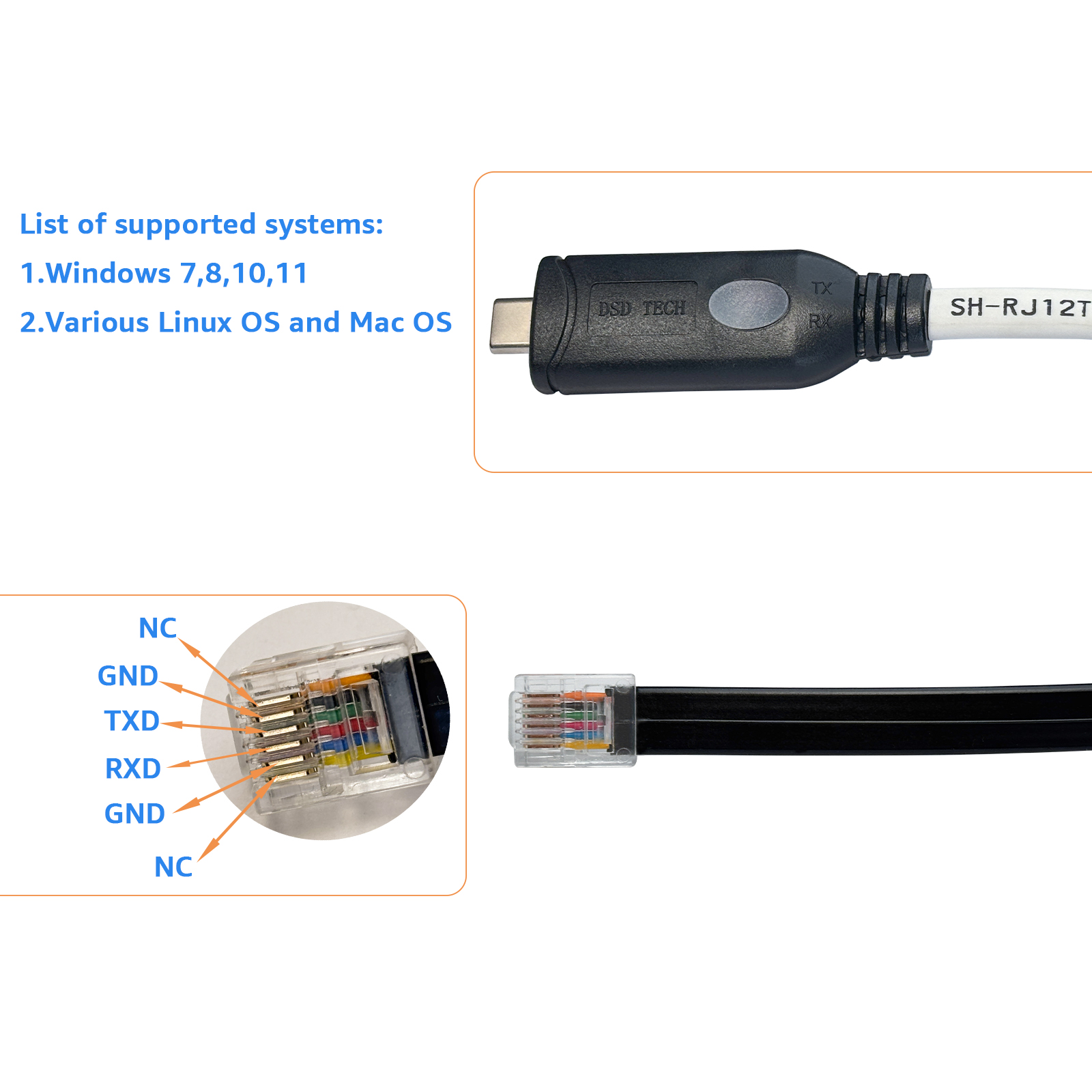 SH-RJ12T USB C to RJ12 6P4C RS232 Serial Cable(1.8M/5.9FT)