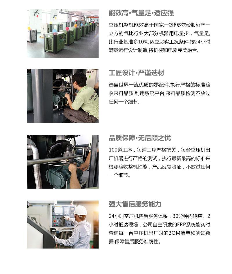 聚才掌握空压机核心技术是我们一直追求的目标。20多年空压机行业经验积累，拥有一套成熟的空压机产品研发、生产体系。空压机整机能效高于国家一级能效标准,每产一立方的气比行业大部分机器用电量少，气量足,比行业基准多10%,适应恶劣工况条件,按24小时满载运行设计制造,将机械和电器完美融合。选自世界一流优质的零配件,执行严格的标准验收来料品质,利用系统平台,来料品质检测不放过任何一个细节。100道工序，每道工序严格把关，每台空压机出厂机器进行严格的测试，执行最新最高的标准来检测验收整机性能，产品反复验证，不放过任何一个细节。24小时空压机售后服务体系，30分钟内响应、2小时抵达现场，公司自主研发的ERP系统能实时查询每一台空压机出厂时的BOM清单和测试数据,保障售后服务准确性。