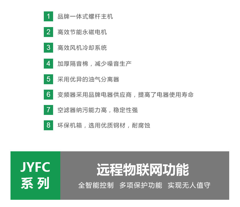 聚才一体式螺杆主机，高效节能永磁电机，高效风机冷却系统，加厚隔音棉，最大减少噪音产生，采用优异的油气分离器，变频器采用大品牌。空压机全智能控制，多项保护功能，实现无人值守。