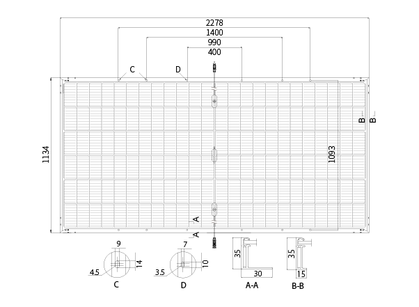 Diagram of the external dimensions of solar panel