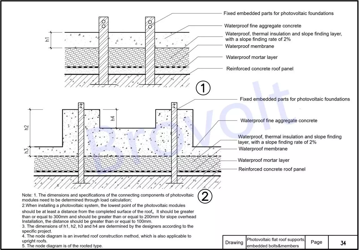 PV flat roof supports embedded bolts members