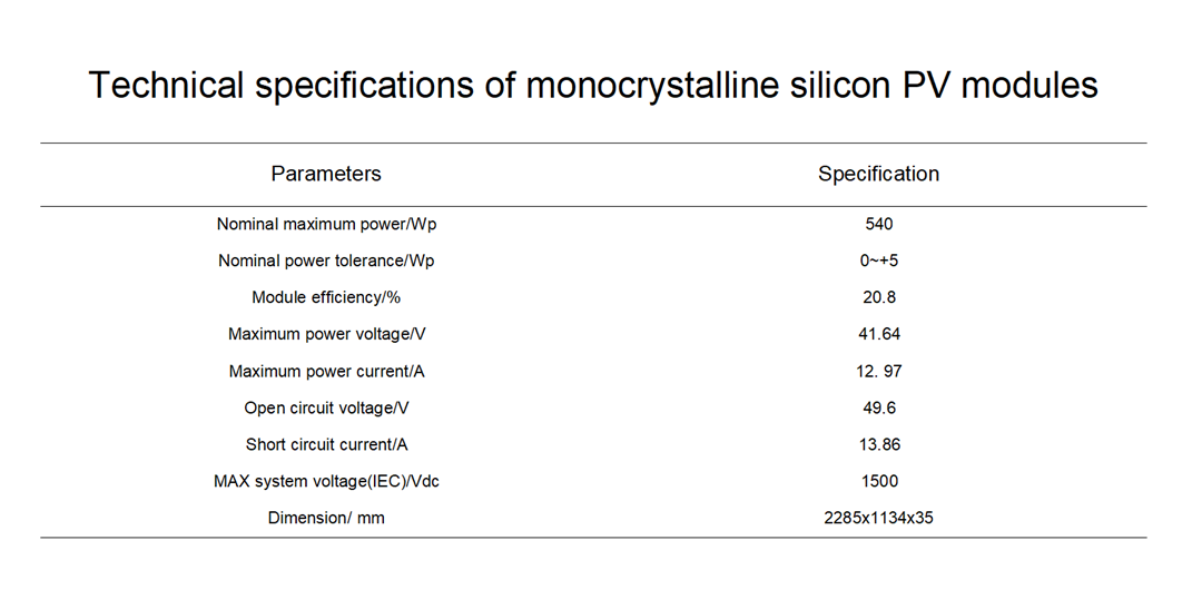 Monocrystalline silicon photovoltaic module specifications