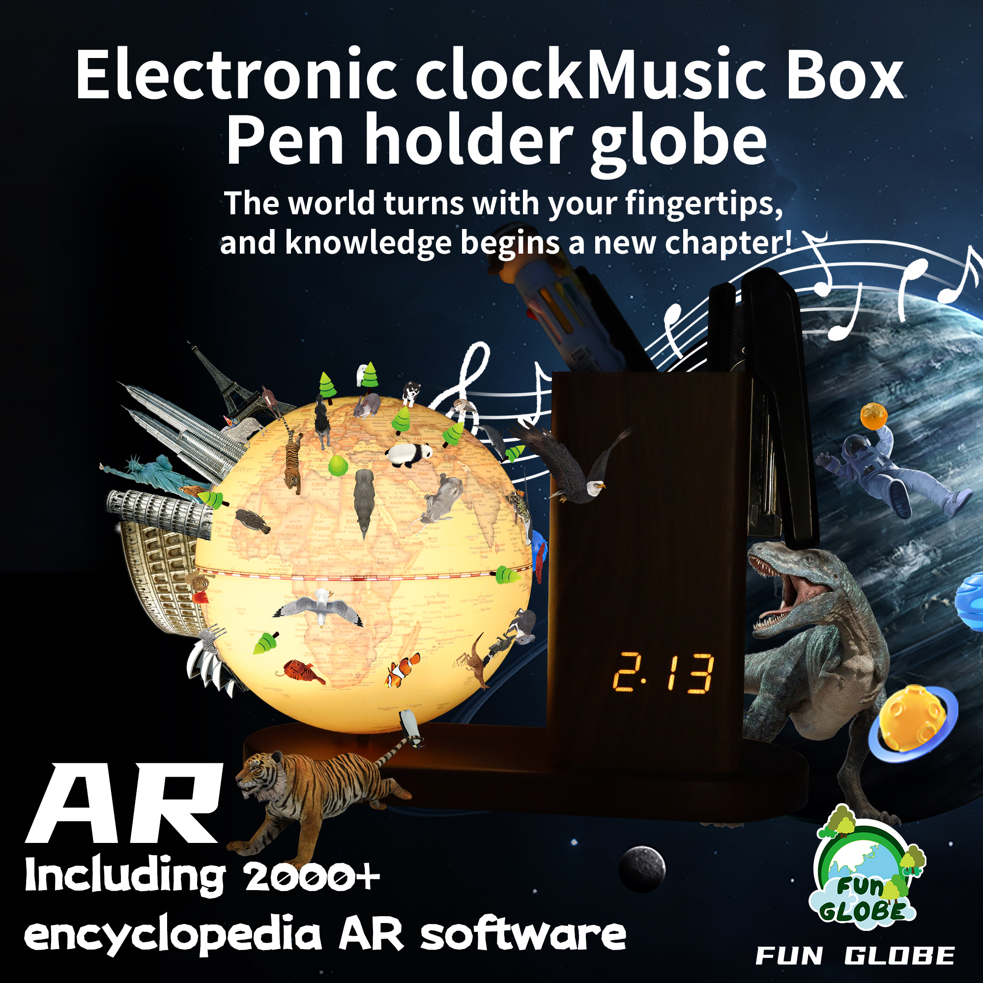 5 inches-Electronic clockMusic Box  Pen holder globe