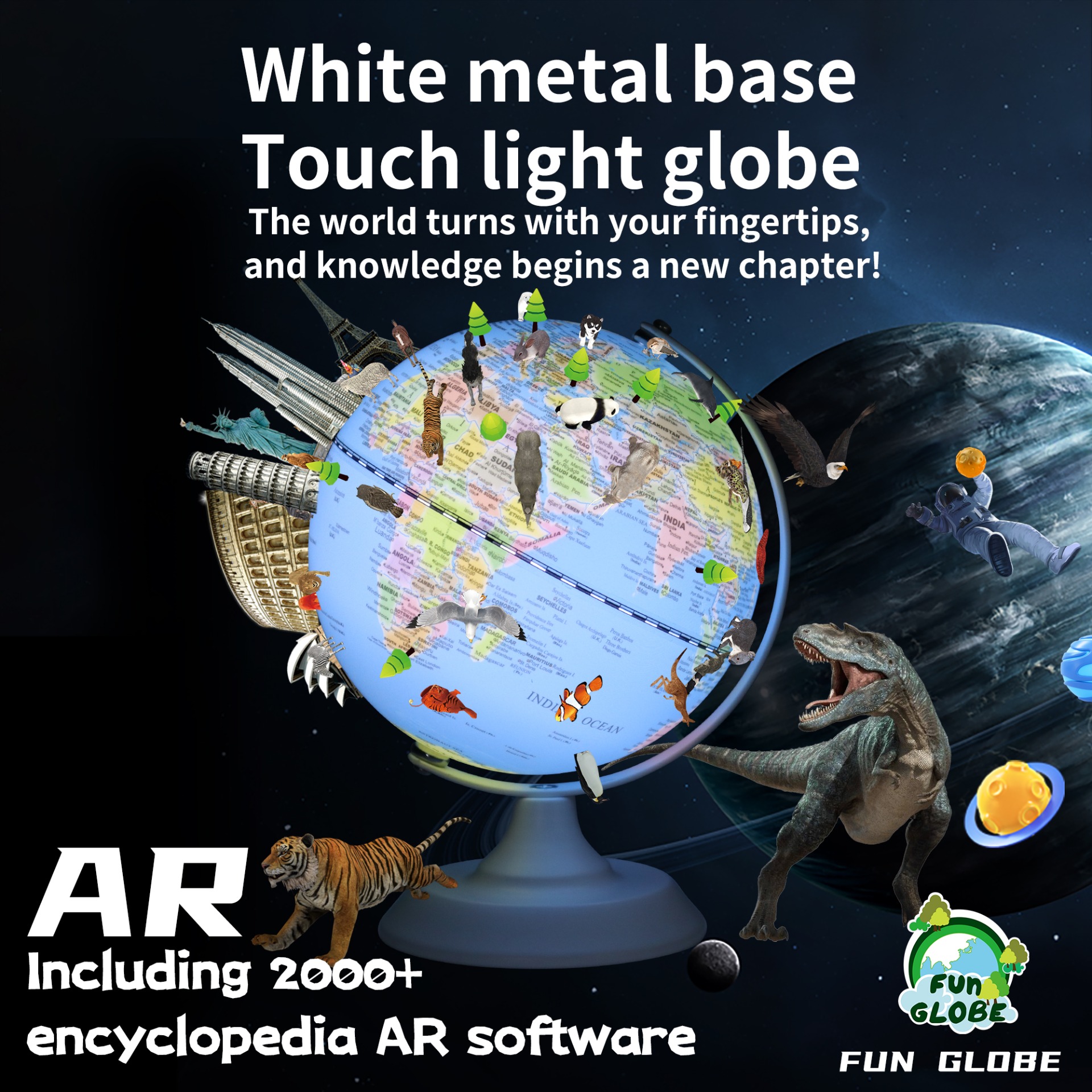 5 inches-White metal base Touch light globe