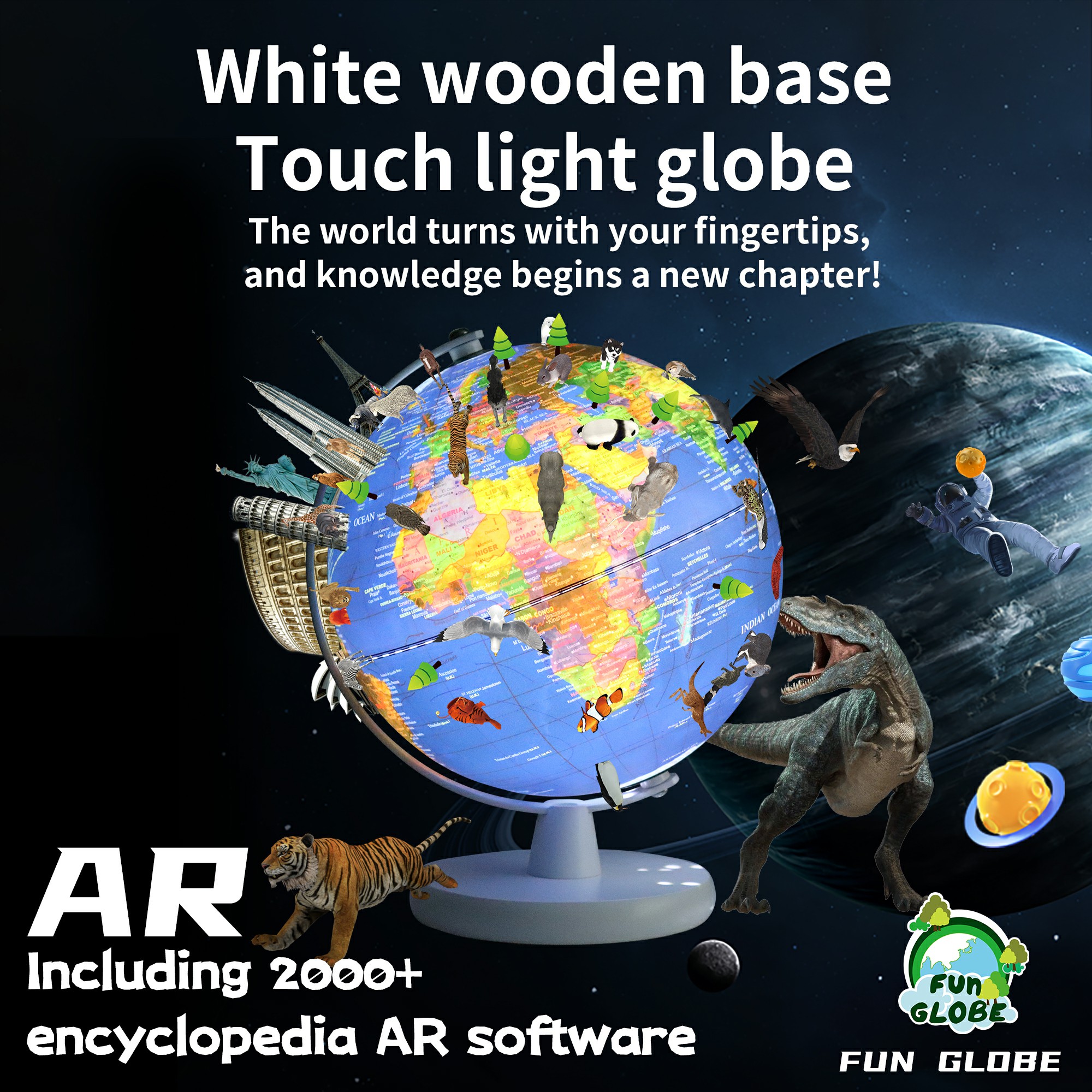 8 inches-White wooden base Touch light globe