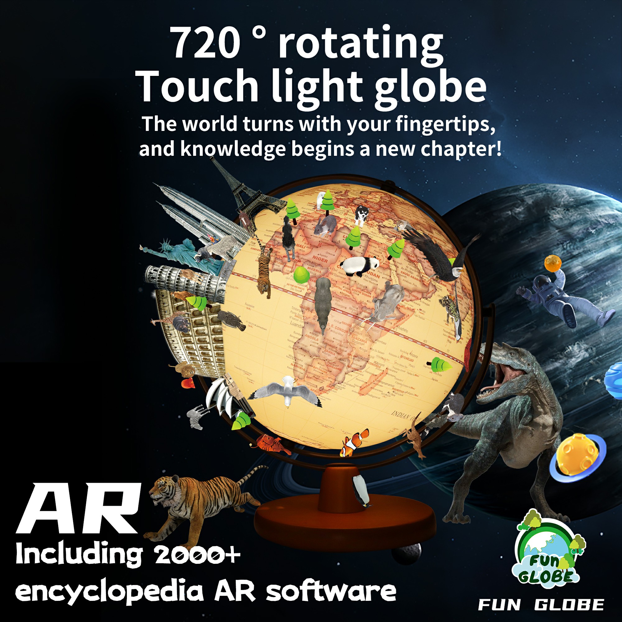 10 inches-720 ° rotating wooden Touch light globe