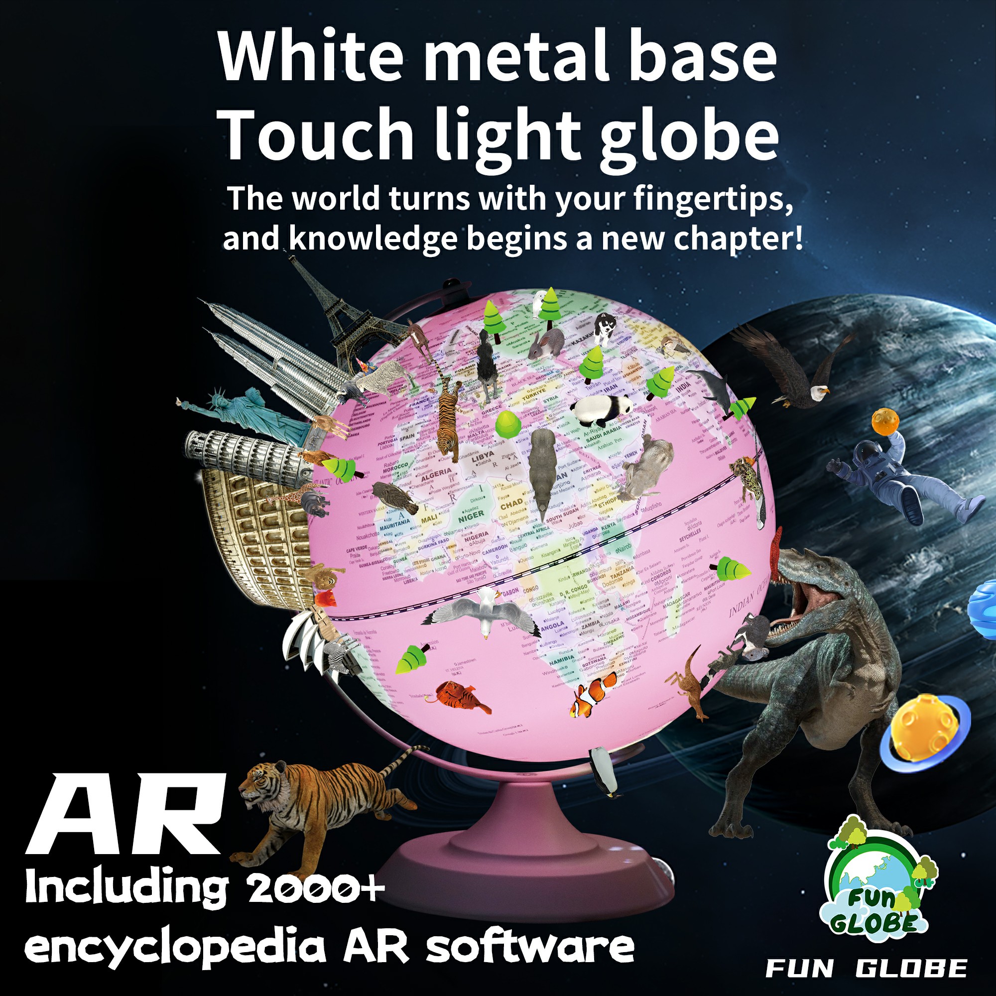10 inches-White metal base Touch light globe