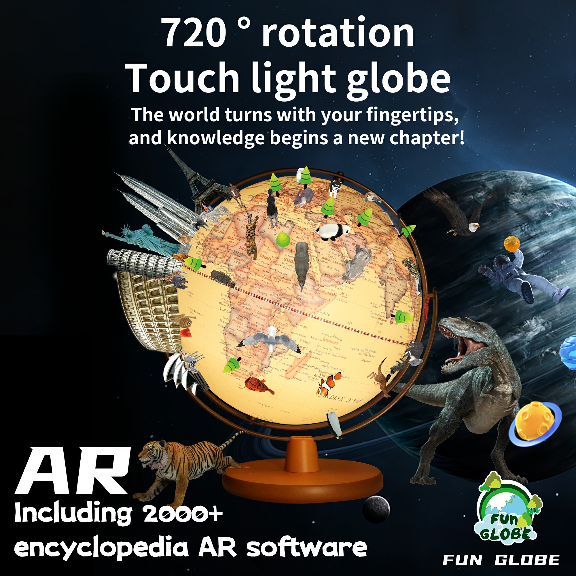 12 inches-720 ° rotation wooden Touch light globe