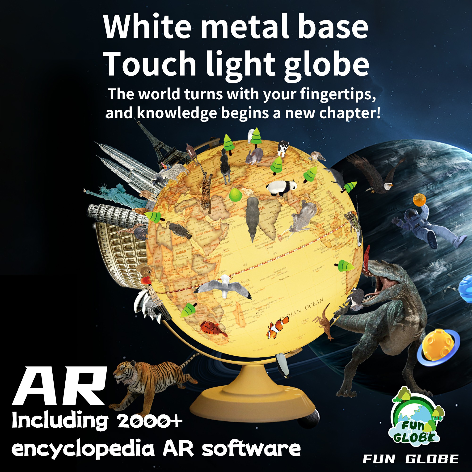 12 inches-White metal base Touch light globe