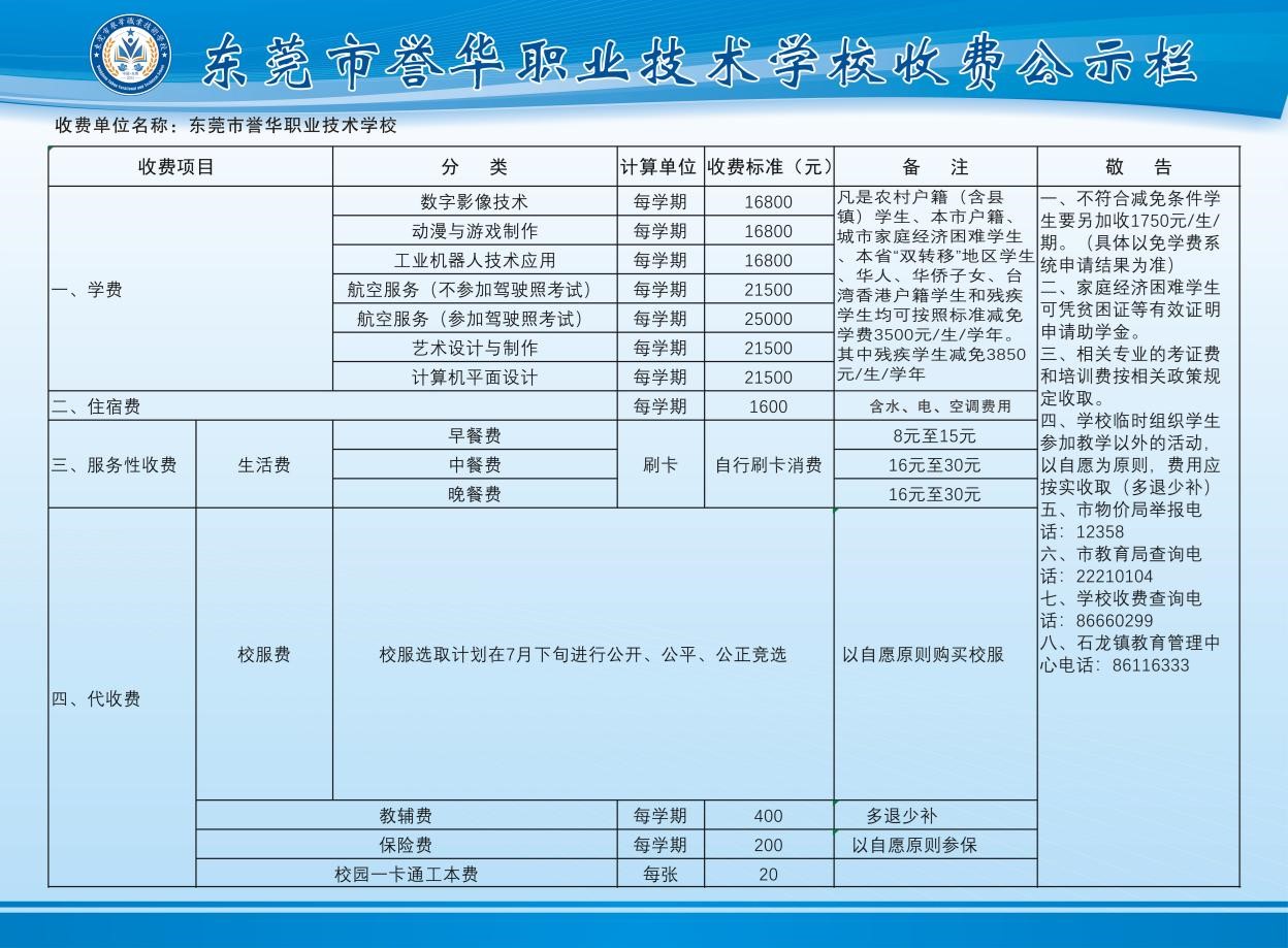东莞市誉华职业技术学校收费公示
