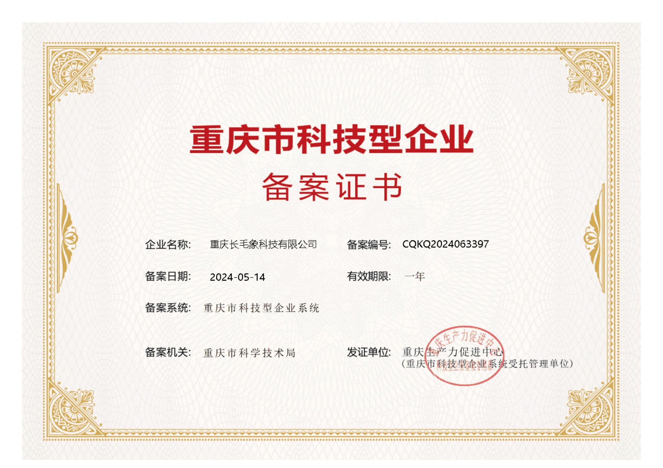 重慶市科技型企業(yè)備案證書(shū)