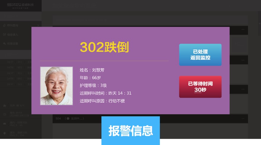 通过集中看护大屏，可全局掌握各类报警信息，如跌倒报警、呼叫报警、移动报警、走失报警、离床报警、出入异常报警、生命体征异常报警等。