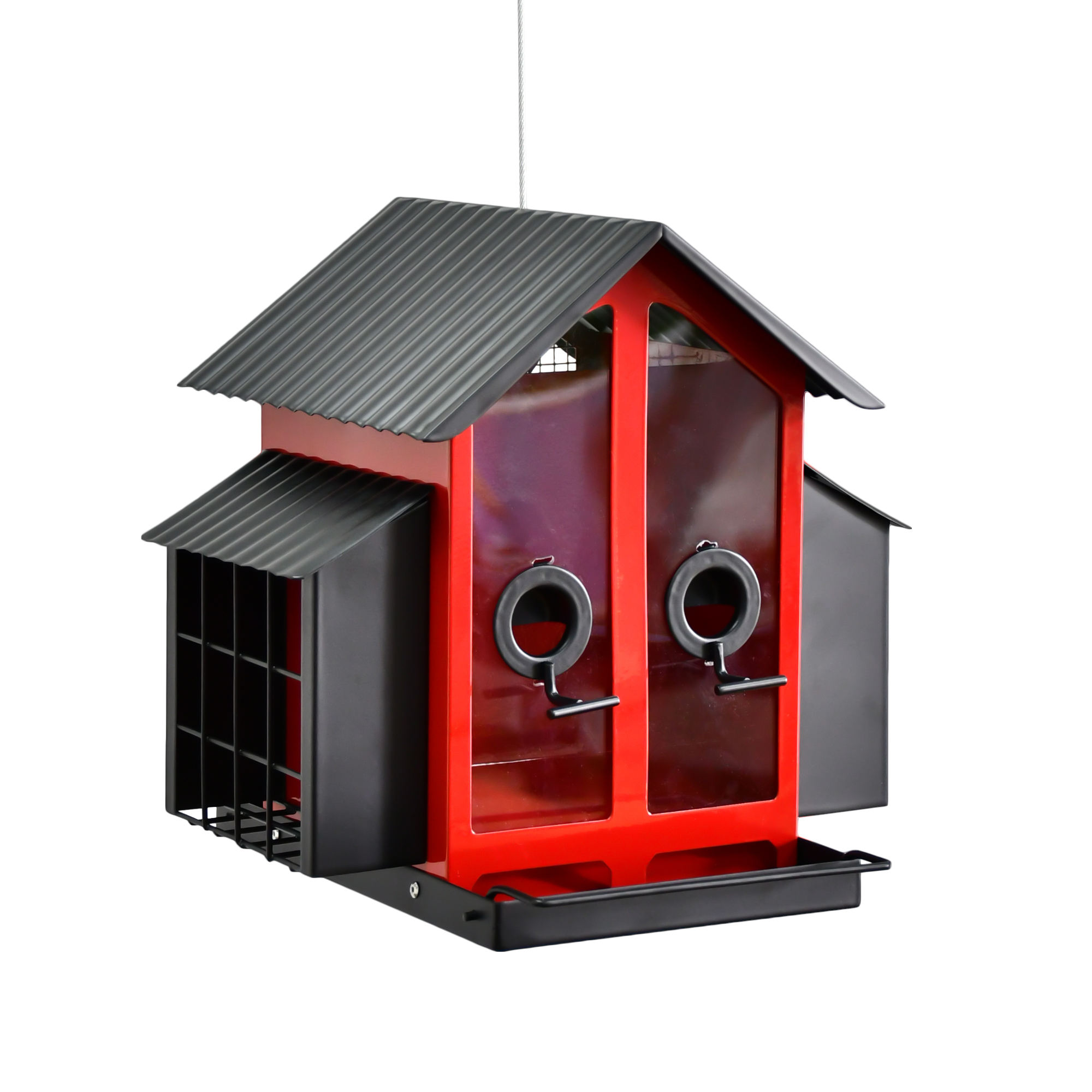 Metal hopper bird feeder with two suet container