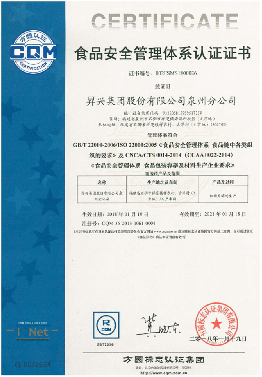 ISO22000 certificate