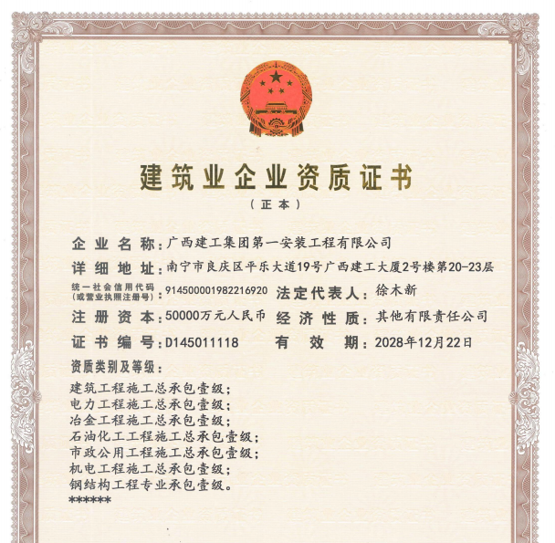 建筑总承包一级，市政总承包一级，水利水电总承包二级，公路总承包二级，电力总承包二级等资质