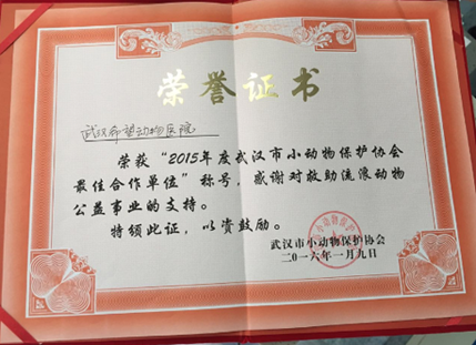 医院荣获2015年度武汉市小动物保护协会最佳合作单位称号
